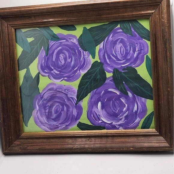 Handmade Framed Art Painting  Purple Roses Flowers on Paper 8x10 inches - Picture 1 of 11